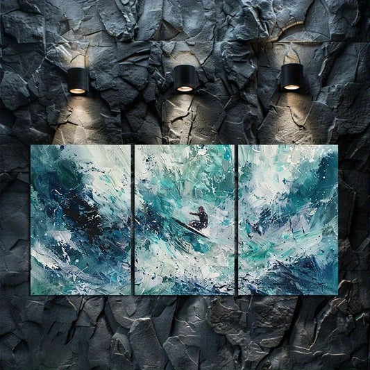 3pcs Surfer Wave Action Oil Painting Metal Print Ready to Hang Art