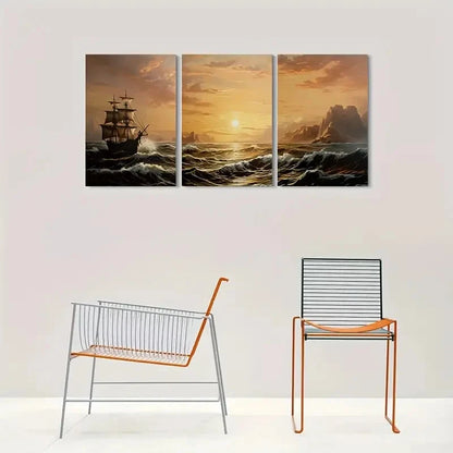 3pcs Ocean Sailing Ship and Sunset Metal Print Ready to Hang Art