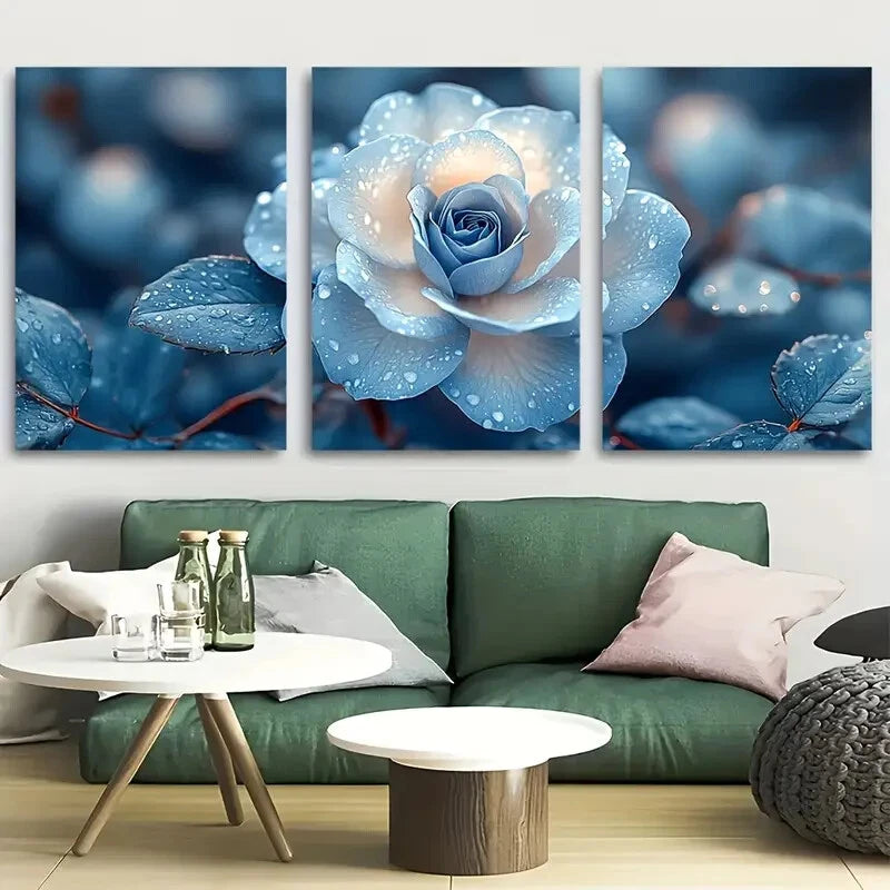 3pcs Elegant Blue and White Flower Metal Print Ready to Hang Art