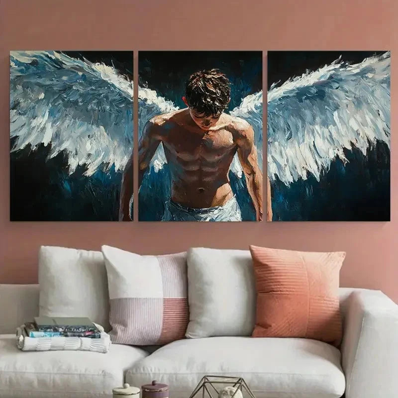 3pcs Angel Wings Detailed Male Body Design Metal Print Ready to Hang Art