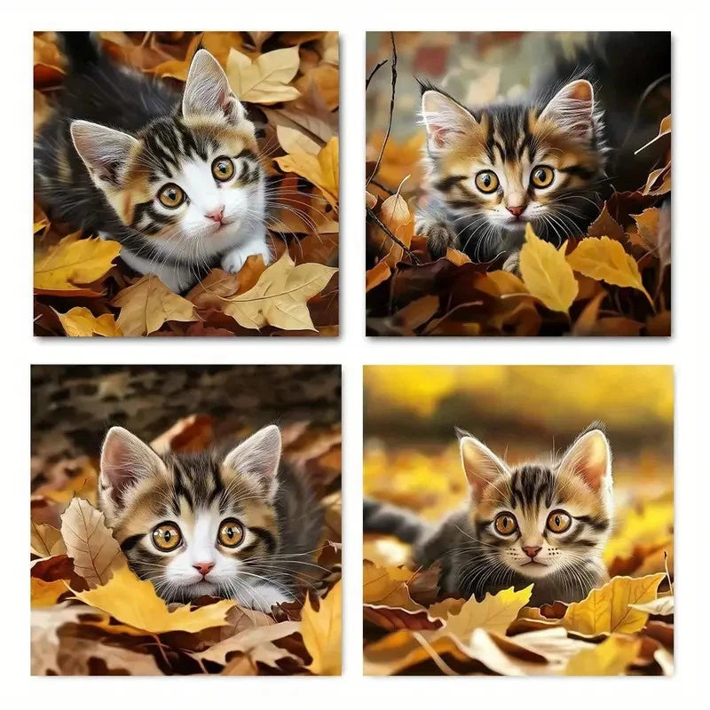 4pcs Cats and Maple Leaves Elegant Wall Art Canvas Framed