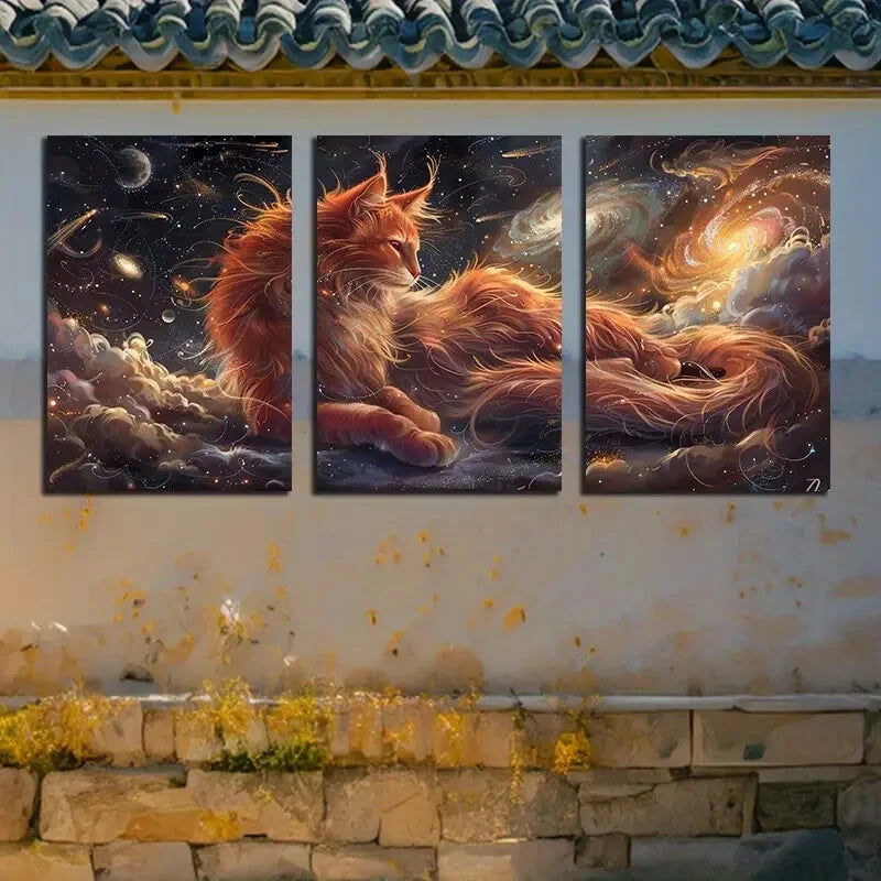 3pcs Charming Cat with Galaxies Illustration Metal Print Ready to Hang Art