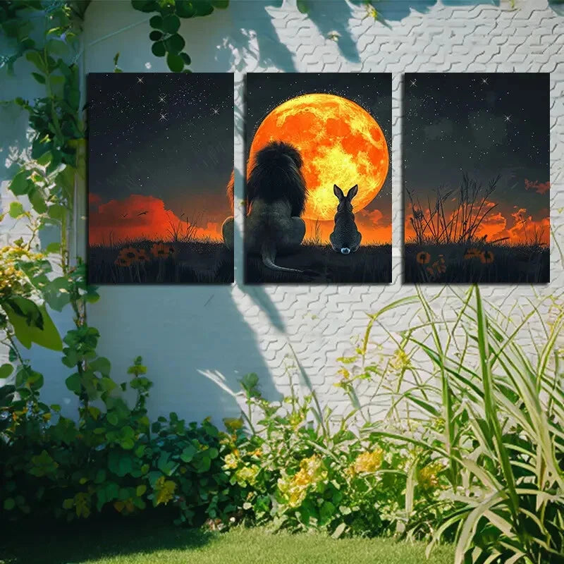 3pcs Vibrant Silhouette of Lions and Rabbit Metal Print Ready to Hang Art
