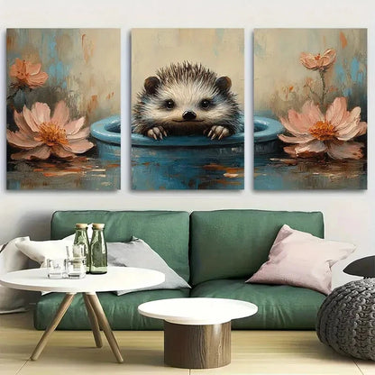 3pcs Whimsical Hedgehog on Toilet Metal Print Ready to Hang Art