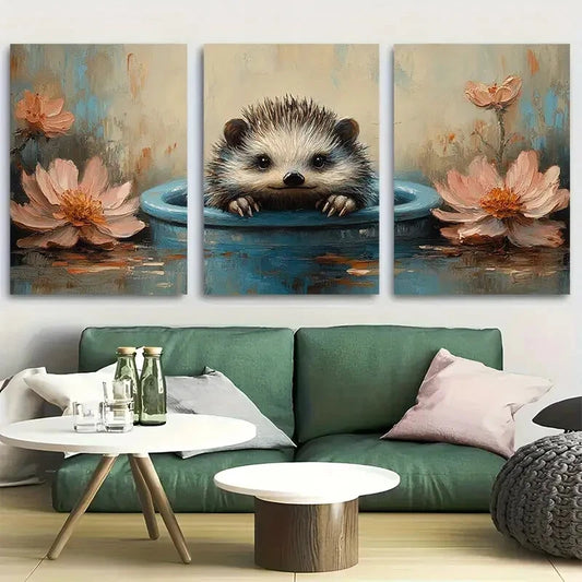 3pcs Whimsical Hedgehog on Toilet Metal Print Ready to Hang Art