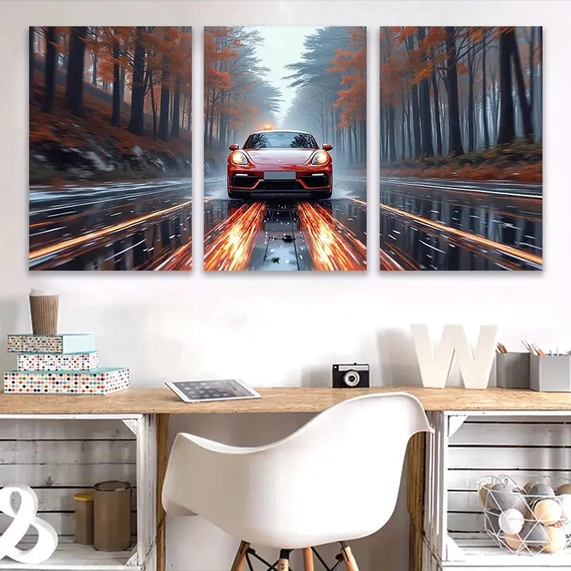3pcs A Red Sports Car's Autumn Drive Wall Art Set Canvas Framed 50x70cm - High Quality Print 100% Australian Made Wall Canvas Ready to Hang