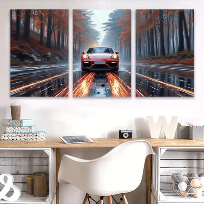3pcs A Red Sports Car's Autumn Drive Wall Art Set Canvas Framed 50x70cm - High Quality Print 100% Australian Made Wall Canvas Ready to Hang