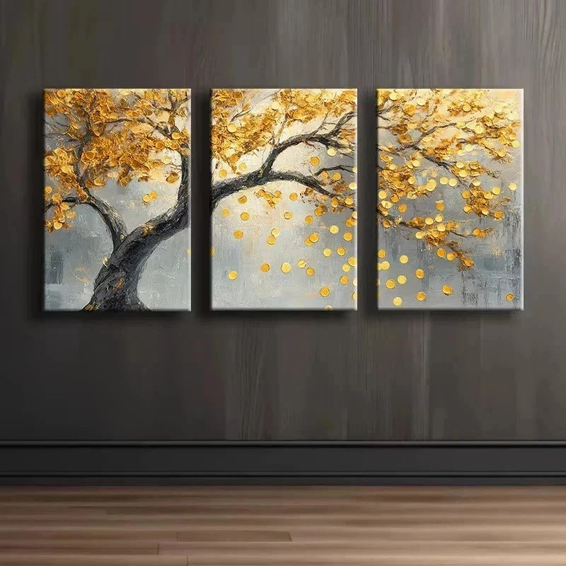 3pcs A tree with Golden leaves Illustration Metal Print Ready to Hang Art