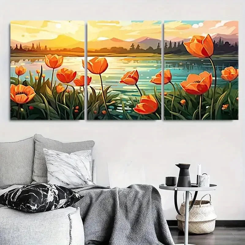 3pcs Sunrise Orange Tulip Lake Wall Art Set Canvas Framed 40x60cm - High Quality Print 100% Australian Made Wall Canvas Ready to Hang