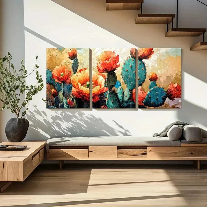 3pcs Cactus Bloom Abstract Floral Design Metal Print Ready to Hang Art