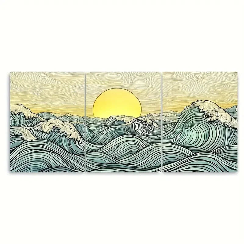 3pcs Japanese Ocean Sunrise Blue & Yellow Wave Metal Print Ready to Hang Art
