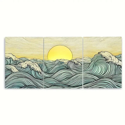 3pcs Japanese Ocean Sunrise Blue & Yellow Wave Metal Print Ready to Hang Art