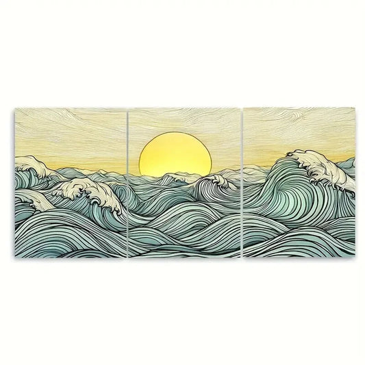 3pcs Japanese Ocean Sunrise Blue & Yellow Wave Metal Print Ready to Hang Art