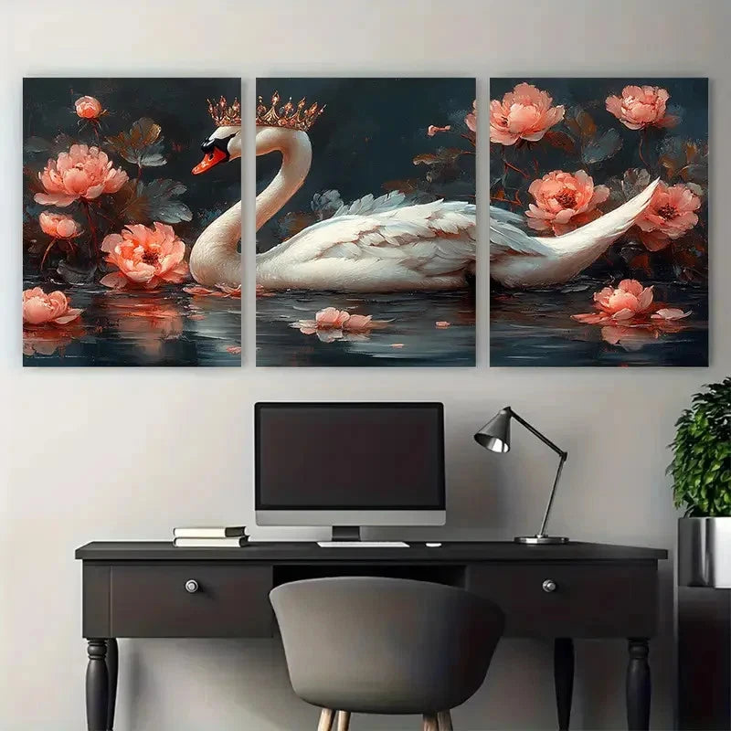 3pcs Elegant Crowned Swan with Floral On Lake Metal Print Ready to Hang Art