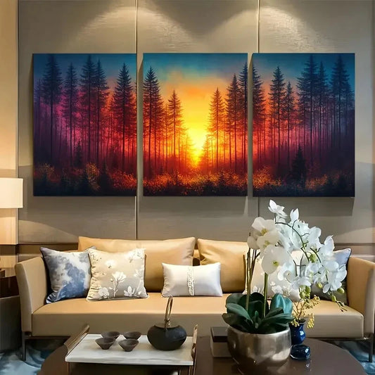 3pcs Colorful Forest Sunset in a Pine Forest Metal Print Ready to Hang Art
