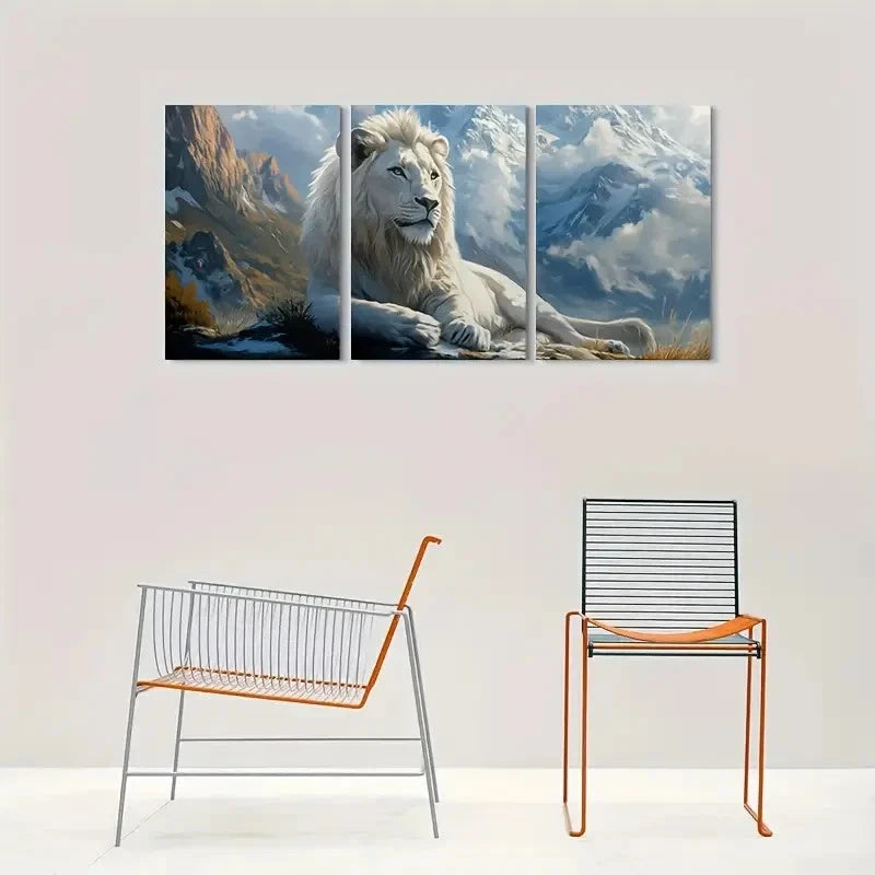 3pcs White Lion Majesty Mountain Metal Print Ready to Hang Art