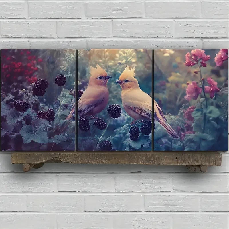 3pcs Two Birds on Blackberry Flowers Metal Print Ready to Hang Art
