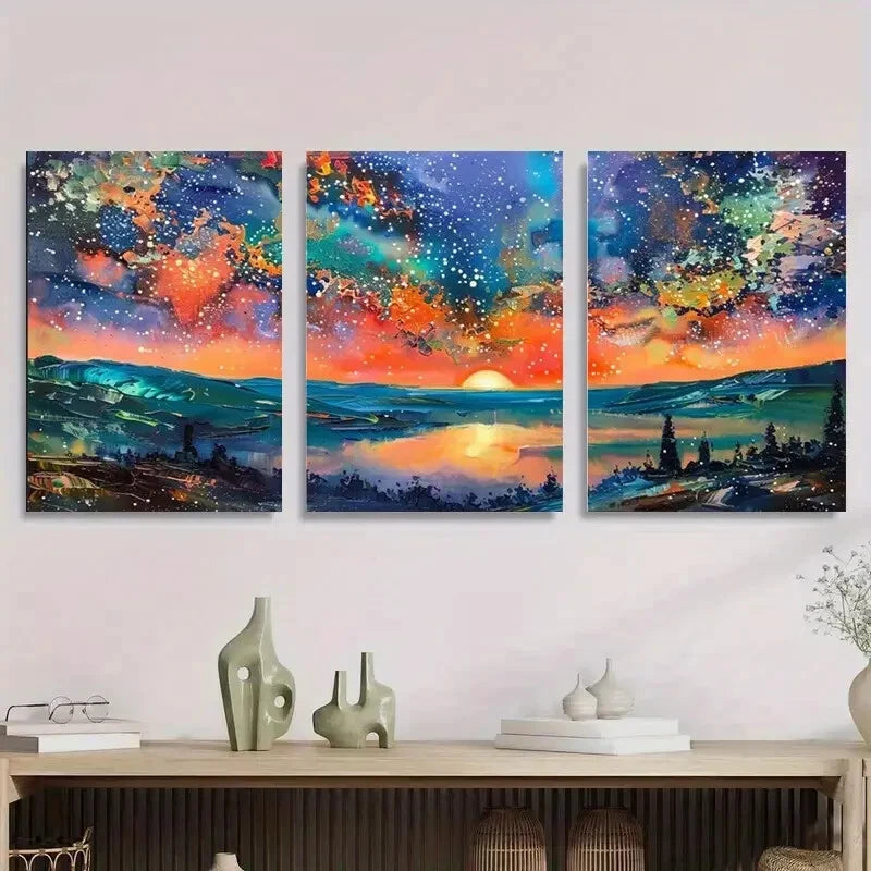 3pcs Vibrant Sunset Mountain River Starry Sky Metal Print Ready to Hang Art