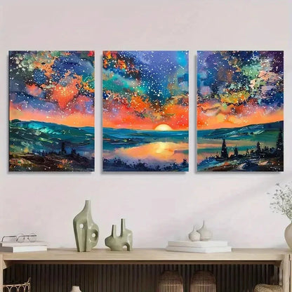 3pcs Vibrant Sunset Mountain River Starry Sky Metal Print Ready to Hang Art