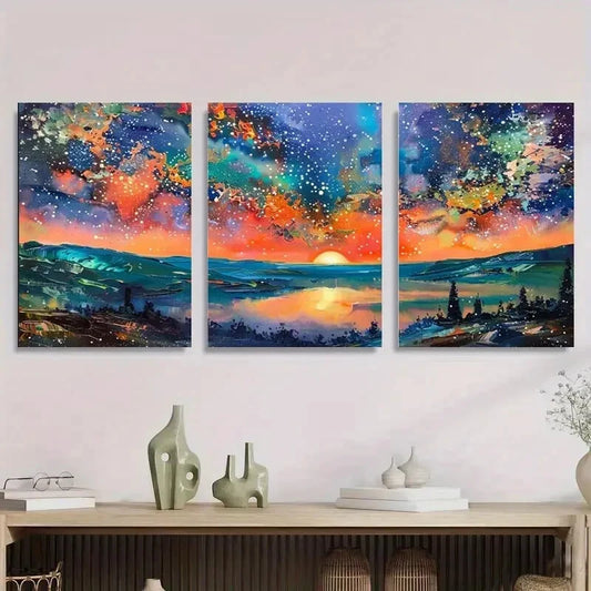 3pcs Vibrant Sunset Mountain River Starry Sky Metal Print Ready to Hang Art