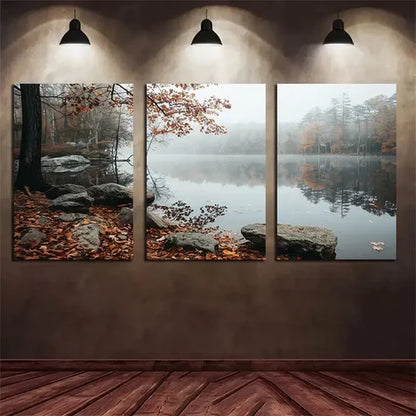 3pcs Beautiful Lake in Autumn Trees & Forest Canvas Framed 60x90cm - High Quality Print 100% Australian Made Wall Canvas Ready to Hang
