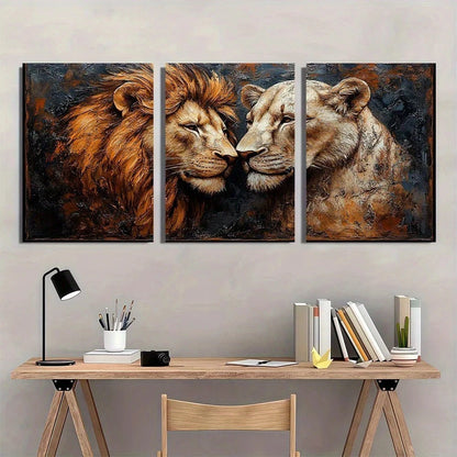 3pcs Lion Couple Majestic Black & Brown Lion Metal Print Ready to Hang Art