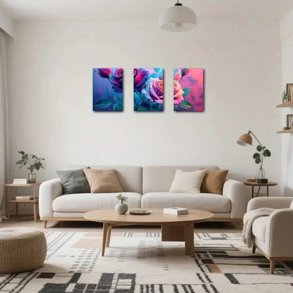3pcs Vibrant Abstract Pink & Blue Floral Design Metal Print Ready to Hang Art