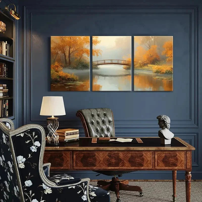 3pcs Autumn Scenery with Bridge Over River Metal Print Ready to Hang Art