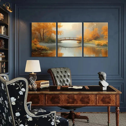 3pcs Autumn Scenery with Bridge Over River Metal Print Ready to Hang Art