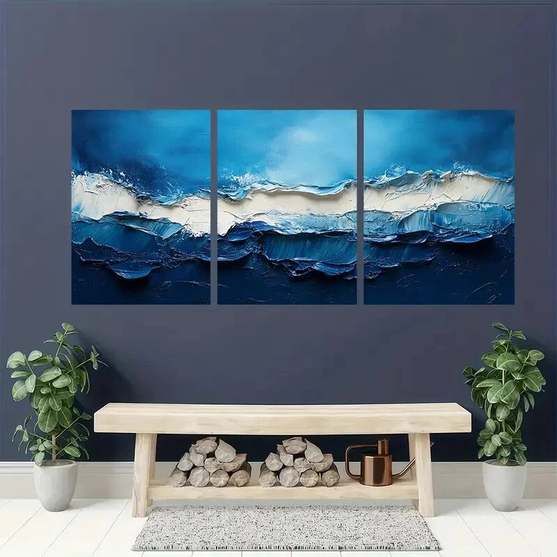 3pcs Along with Blue And White Abstract Ocean Art Metal Print Ready to Hang Art