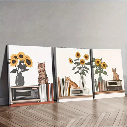 3pcs Cat Is Sitting On The Table Wall Art Canvas Unframed - High Quality Print 100% Australian Made Wall Canvas