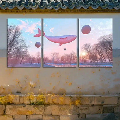 3pcs Vibrant Whale Tail with Balls in sky Metal Print Ready to Hang Art