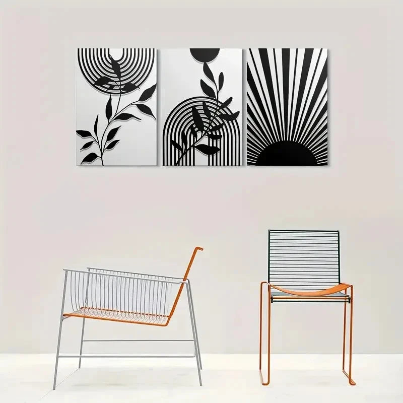 3pcs Black and White Geometric Leaves & Sunburst Metal Print Ready to Hang Art