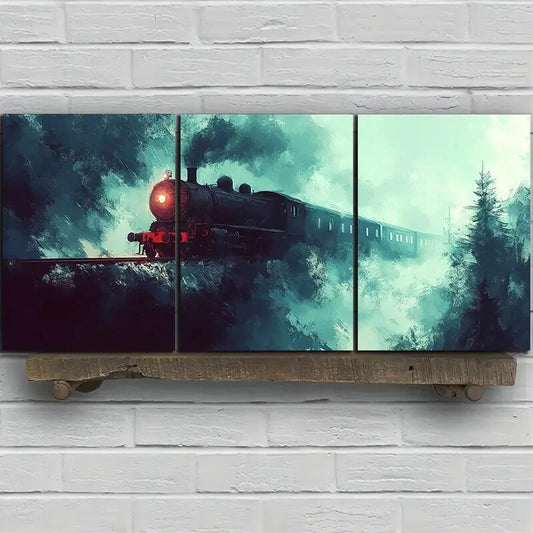 3pcs Freight Train Red Light Snowy Metal Print Ready to Hang Art