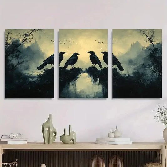 3pcs Elegant Dark Aesthetic Gothic Crow Trio Metal Print Ready to Hang Art