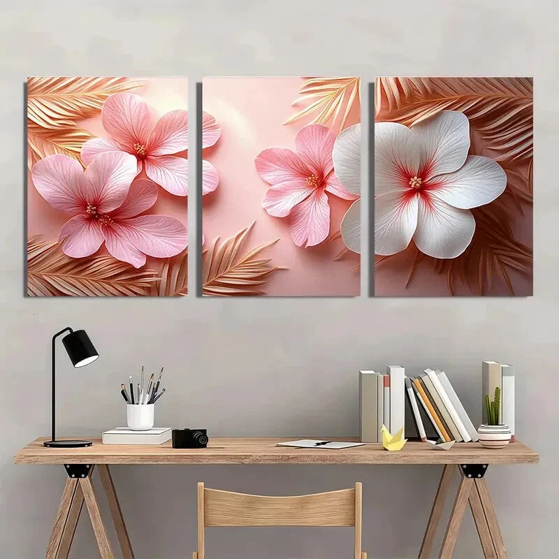 3pcs Pink & White Flowers with Golden Leaves Metal Print Ready to Hang Art
