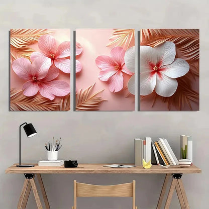 3pcs Pink & White Flowers with Golden Leaves Metal Print Ready to Hang Art