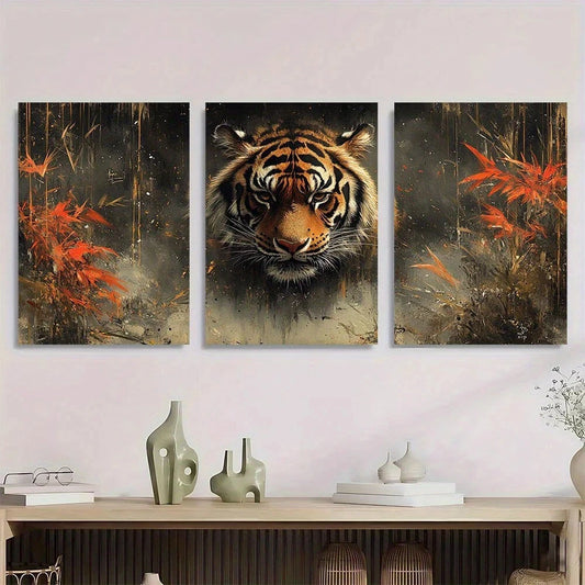 3pcs Tiger Vibrant Orange & Black Metal Print Ready to Hang Art