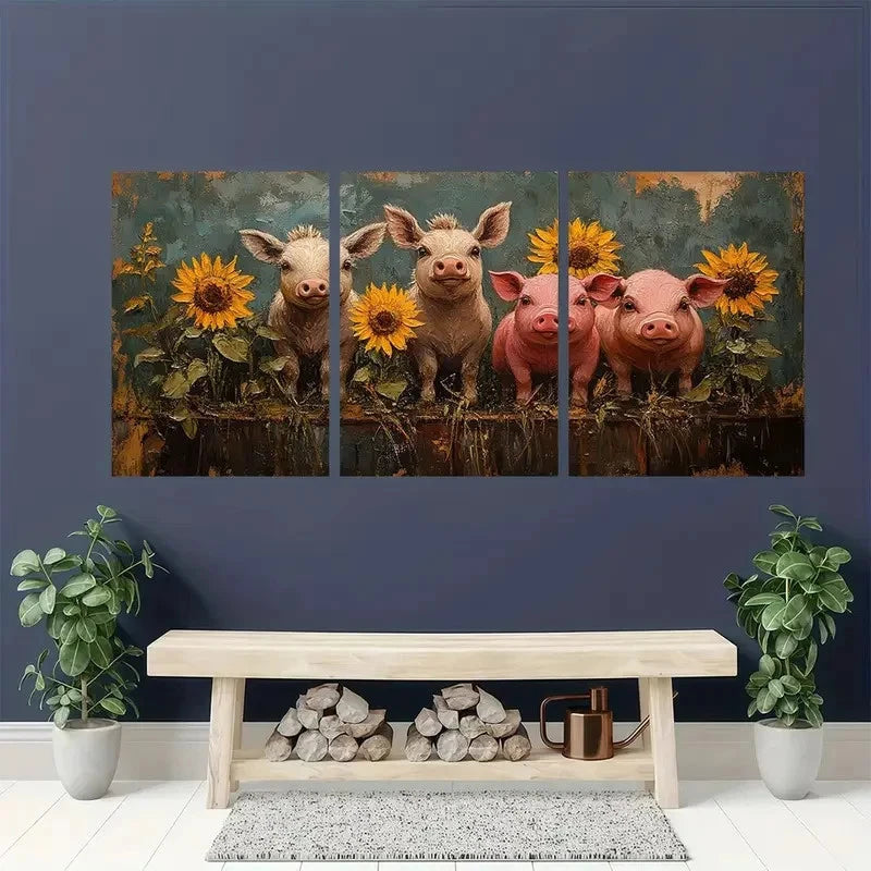 3pcs Sunflower Donkey Cow Pig Metal Print Ready to Hang Art