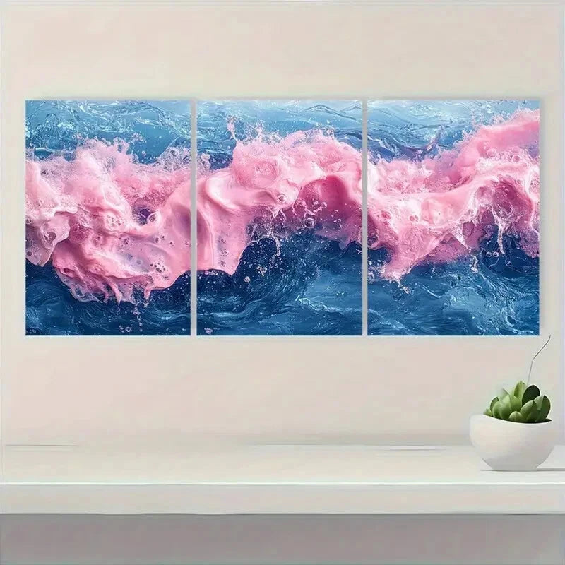 3pcs Pink and Blue Water Modern Abstract Metal Print Ready to Hang Art