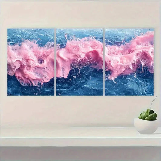 3pcs Pink and Blue Water Modern Abstract Metal Print Ready to Hang Art