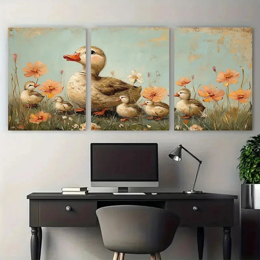3pcs Vintage Mother Duck Cottagecore Design Metal Print Ready to Hang Art
