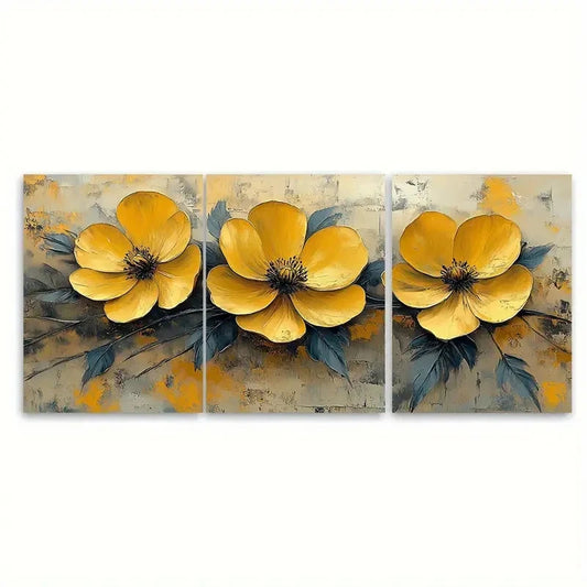 3pcs Minimalistic Yellow Buttercup Spring Design Wall Art Set Canvas Framed 60x90cm - High Quality Print 100% Australian Made Wall Canvas Ready to Hang