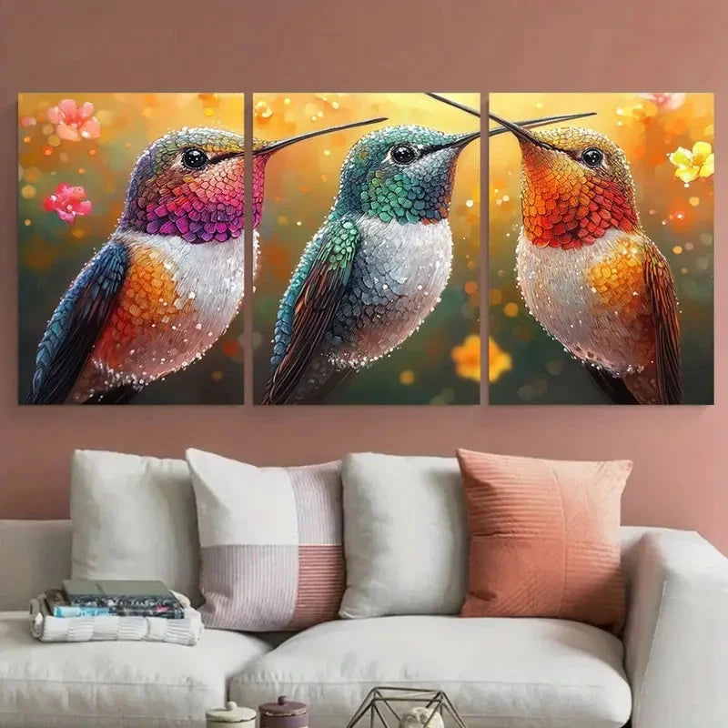 3pcs Vibrant Colorful Abstract Hummingbird Nature Metal Print Ready to Hang Art
