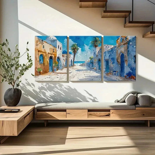 3pcs Palm Trees Coastal Buildings Mediterranean Metal Print Ready to Hang Art