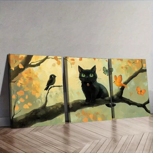 3 PCS Black Cat & Autumn Branch Design Wall Art Set Canvas Unframed - High Quality Print 100% Australian Made Wall Canvas