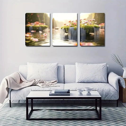 3pcs Waterfall & Green Island Décor Perfect Wall Art Set Canvas Framed 40x60cm - High Quality Print 100% Australian Made Wall Canvas Ready to Hang