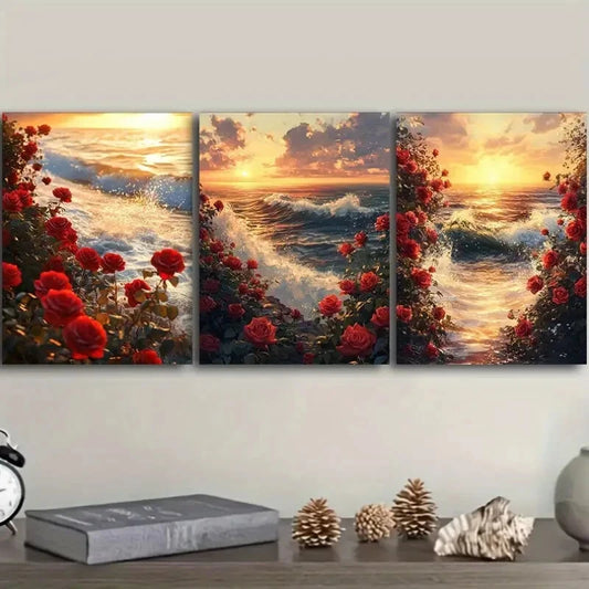 3pcs Sunset Seascape with Vibrant Red Roses Metal Print Ready to Hang Art