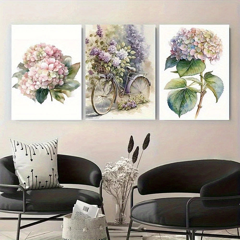 3pcs Hydrangea and Bicycle Watercolor Metal Print Ready to Hang Art