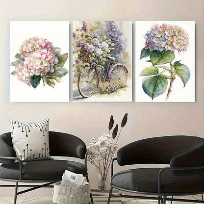 3pcs Hydrangea and Bicycle Watercolor Metal Print Ready to Hang Art
